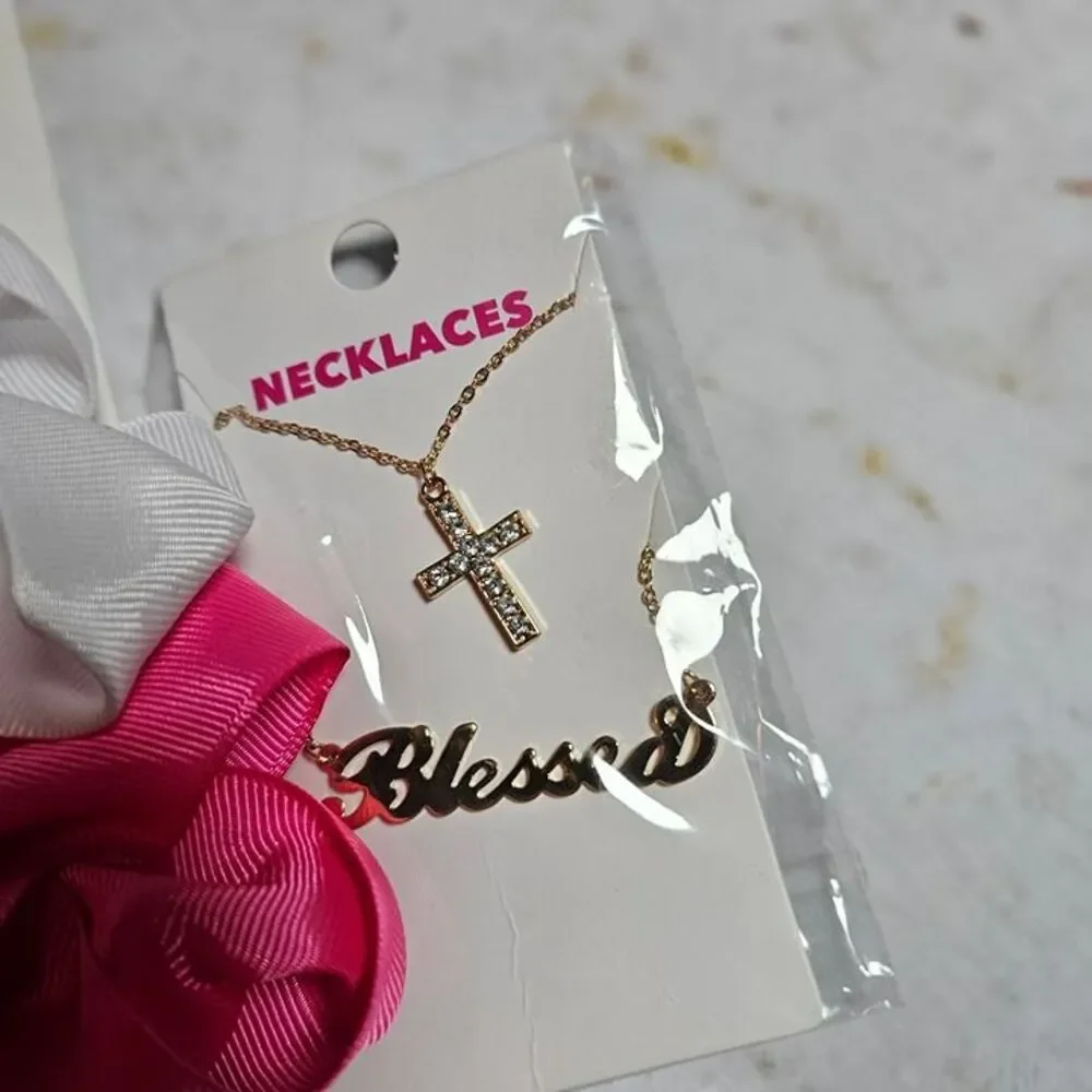3-Pack Hair Bows (White, Pink, Blue) + “Blessed” & Rhinestone Cross Necklace Set